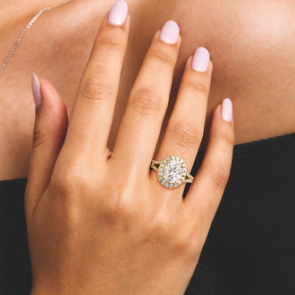 Oval Cut Split Shank Moissanite Halo Engagement Ring