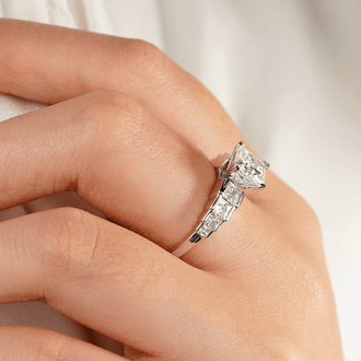 Unique Three Stone Princess-Cut Moissanite Bridal Set with Men's Wedding Band - MSBLUE Jewelry