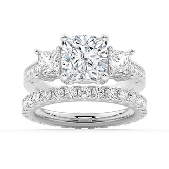 Three Stone Cushion-Shaped Engagement Ring With Princess Cut Accents - MSBLUE Jewelry