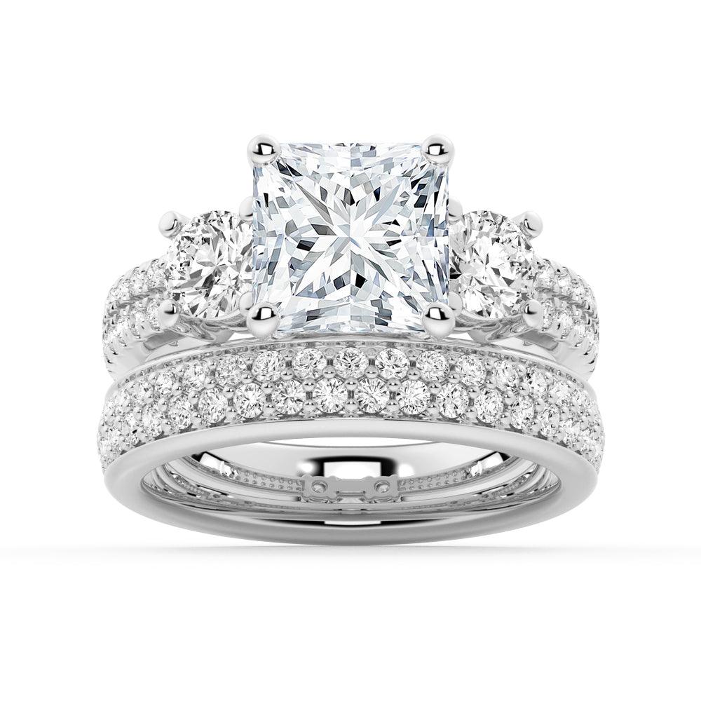 Double Row Pave Three Stone Princess Cut Engagement Ring - MSBLUE Jewelry