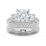 Double Row Pave Three Stone Princess Cut Engagement Ring - MSBLUE Jewelry