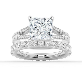 Princess Cut Split-Shank Moissanite Bridal Set with Men's Wedding Band - MSBLUE Jewelry