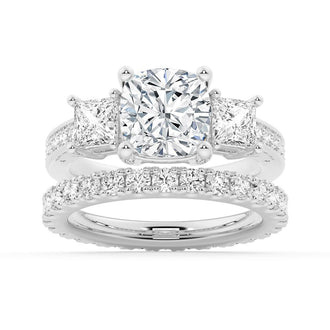 Three Stone Cushion-Shaped Engagement Ring With Princess Cut Accents - MSBLUE Jewelry