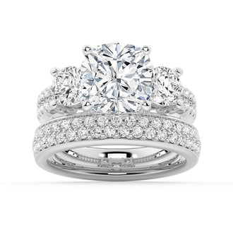 NEW Double Row Pave Three Stone Cushion Cut Engagement Ring - MSBLUE Jewelry