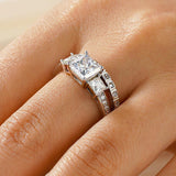 Three Stone Princess Shaped Moissanite Bridal Set with Men's Wedding Band