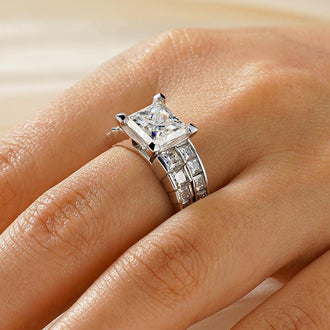 Unique Three Stone Princess-Cut Moissanite Bridal Set in Sterling Silver - MSBLUE Jewelry