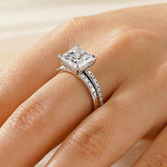 Princess Cut Moissanite With Hidden Halo Bridal Set in Sterling Silver - MSBLUE Jewelry