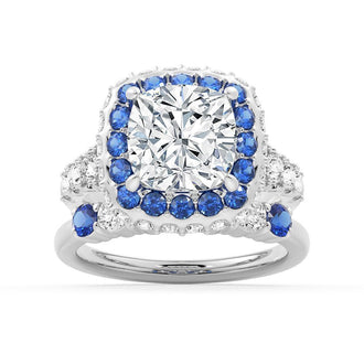 Double Sapphire Halo Cushion Cut Moissanite Engagement Ring With Split Band - MSBLUE Jewelry