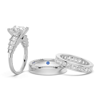 Unique Three Stone Princess-Cut Moissanite Bridal Set with Men's Wedding Band - MSBLUE Jewelry