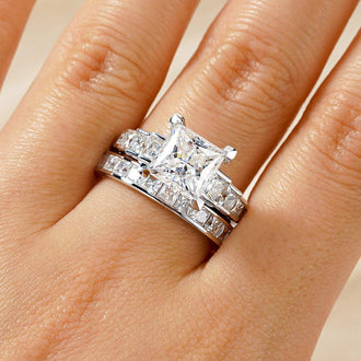 Unique Three Stone Princess-Cut Moissanite Bridal Set with Men's Wedding Band - MSBLUE Jewelry