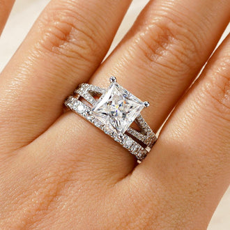 Princess Cut Split-Shank Moissanite Bridal Set with Men's Wedding Band - MSBLUE Jewelry