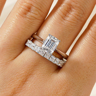 Emerald Cut Moissanite With Hidden Halo Bridal Set with Men's Wedding Band - MSBLUE Jewelry