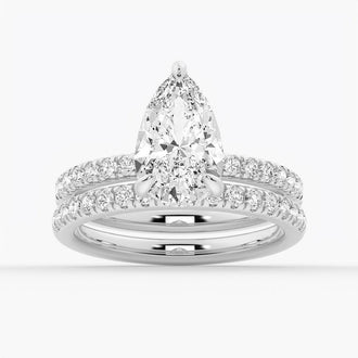 Pear-Shaped Pavé Band Moissanite With Hidden Halo Bridal Set with Men's Wedding Band - MSBLUE Jewelry