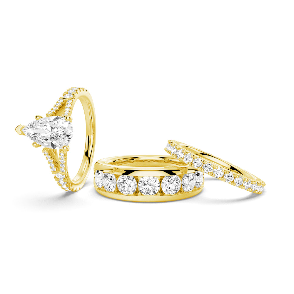 Pear Shaped Split-Shank Moissanite Couple's Ring Set with Men's Wedding Band