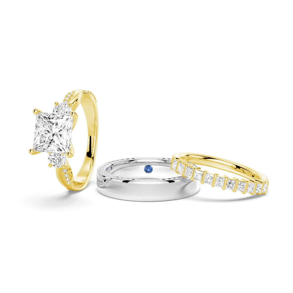 Twist Vine Princess-Cut Moissanite Couple's Ring Set with Men's Wedding Band