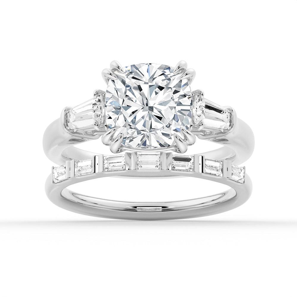 Cushion-Cut Moissanite Engagement Ring with Tapered Baguette Side Stones - MSBLUE Jewelry