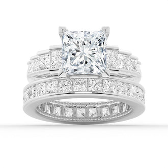 Unique Three Stone Princess-Cut Moissanite Bridal Set in Sterling Silver - MSBLUE Jewelry