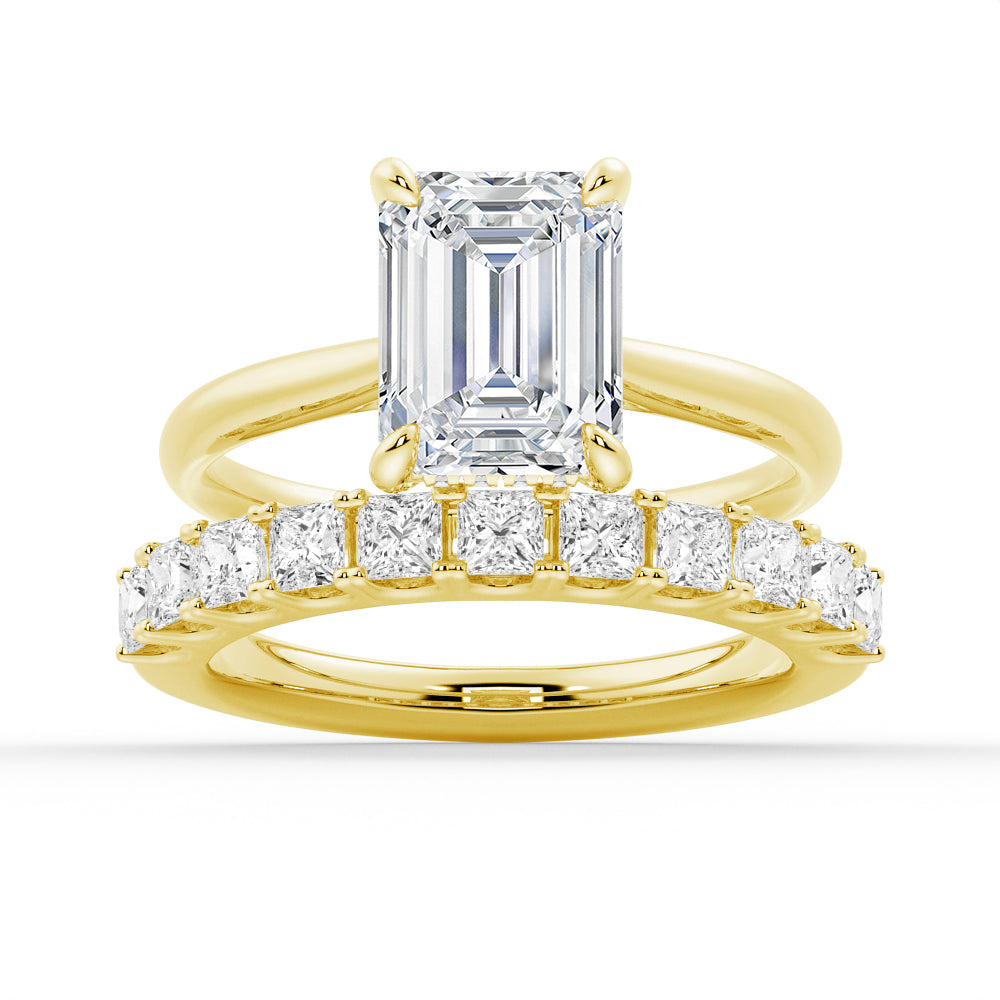 Emerald Cut Moissanite With Hidden Halo Bridal Set in Sterling Silver