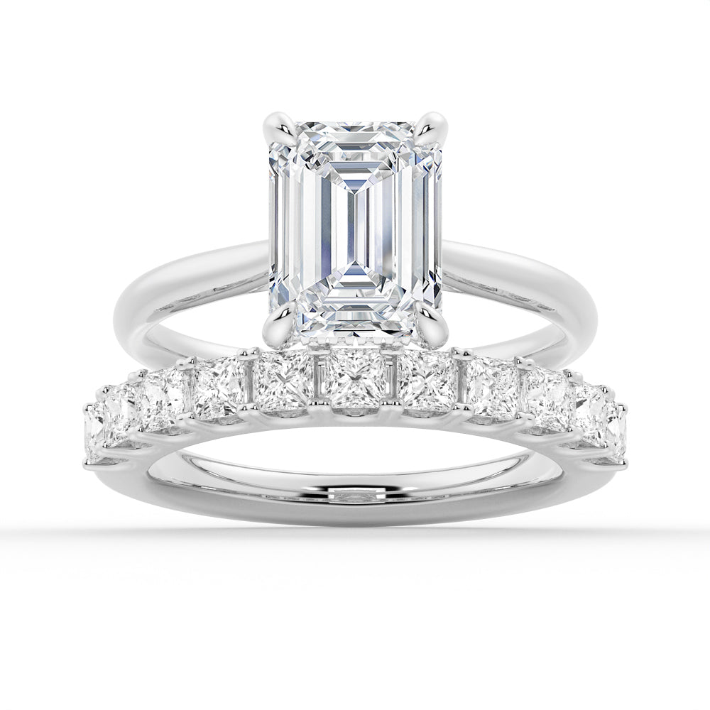 Emerald Cut Moissanite With Hidden Halo Bridal Set in Sterling Silver