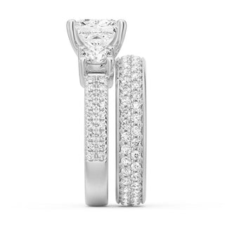 Double Row Pave Three Stone Princess Cut Engagement Ring - MSBLUE Jewelry