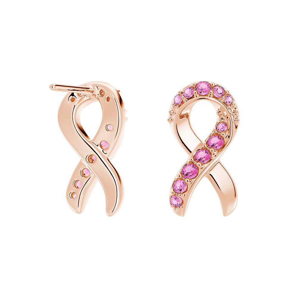 "Faith Over Fear" Ribbon Earrings In Rose Gold With Pavé Pink Sapphires