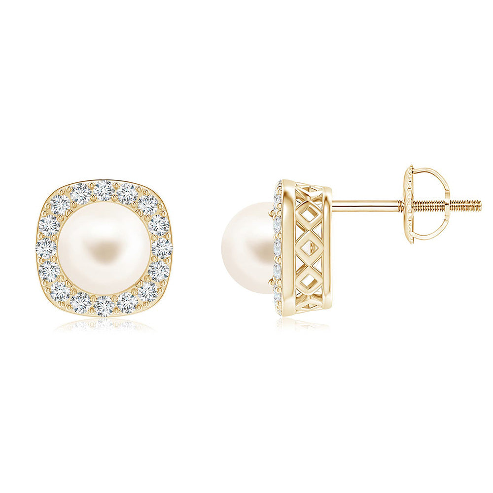 6mm Classic Freshwater Cultured Pearl Stud Earrings with Moissanite Halo