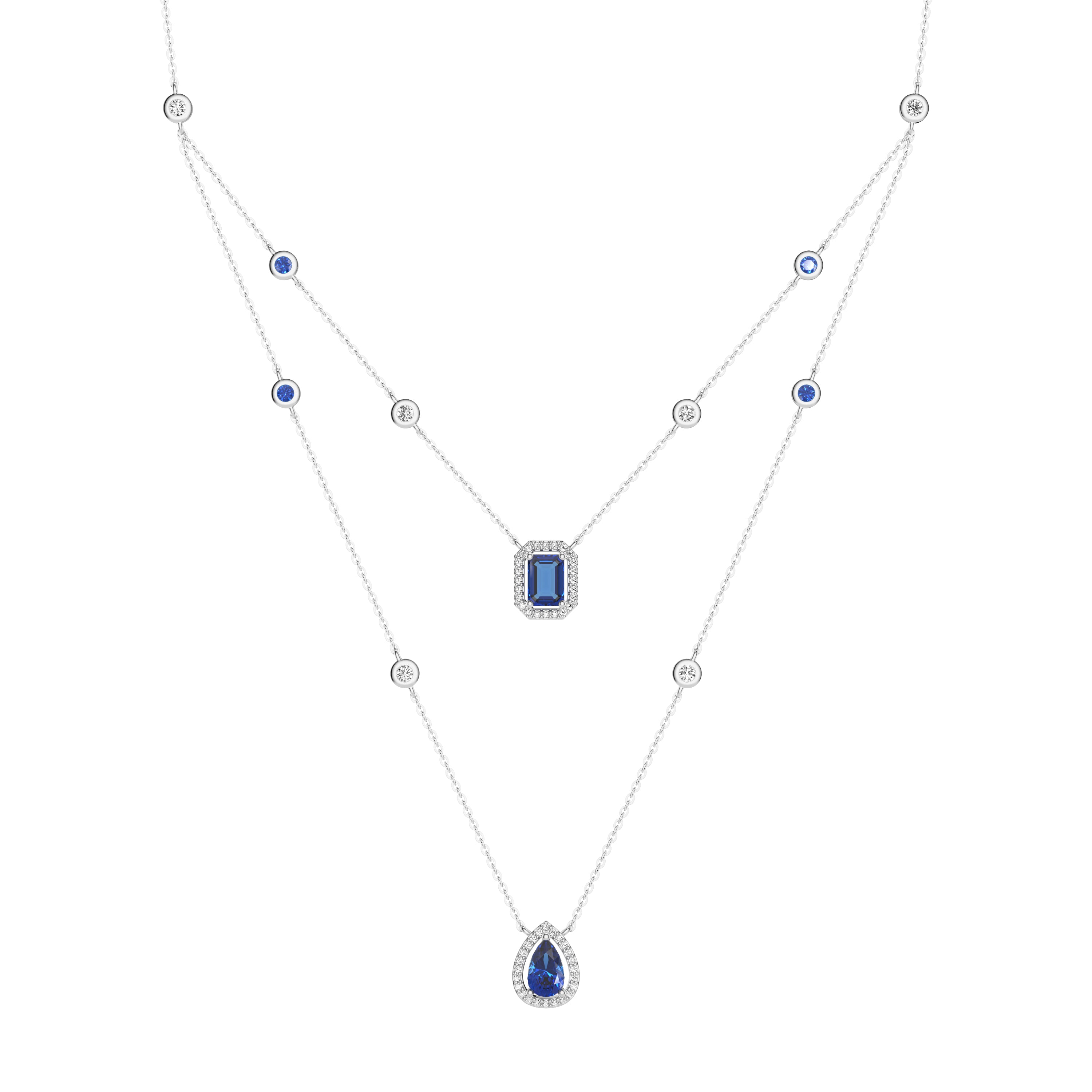 2.98 CT. Pear & Emerald-Cut Sapphire Halo Layered Necklace