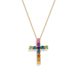 Multi Color Square Rainbow Gemstones Cross Necklace Pendant