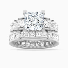 Custom Unique Cinderella Staircase Princess Cut Gold Moissanite Ring Set with Matching Wedding Band