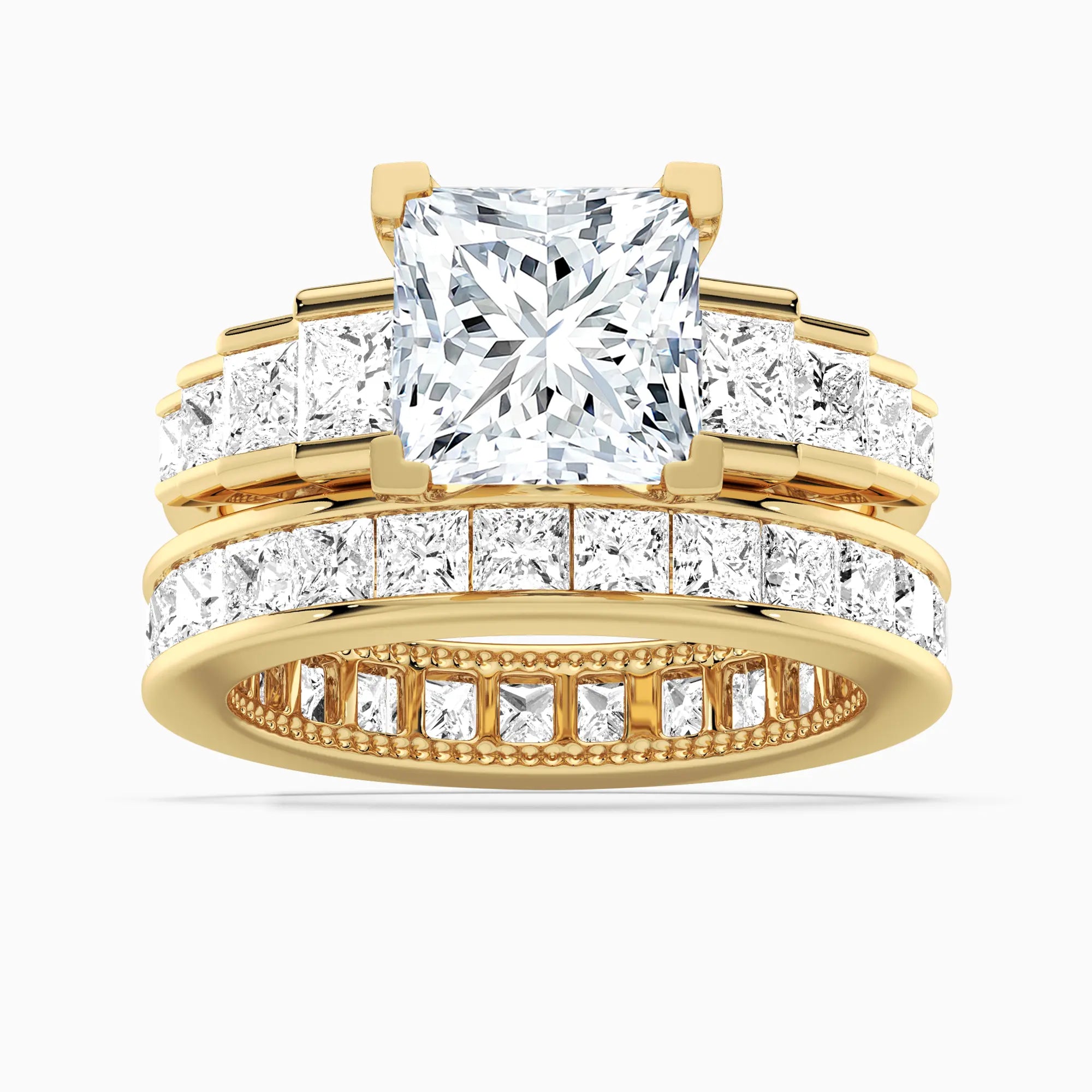 Custom Unique Cinderella Staircase Princess Cut Gold Moissanite Ring Set with Matching Wedding Band