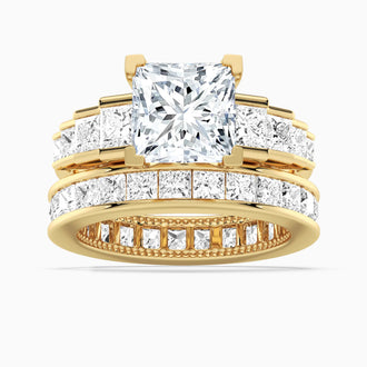 Unique Cinderella Staircase Princess Cut Moissanite Ring Set with Matching Wedding Band