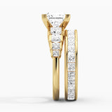 Custom Unique Cinderella Staircase Princess Cut Gold Moissanite Ring Set with Matching Wedding Band