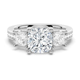 Three Stone Cushion-Shaped Engagement Ring With Princess Cut Accents