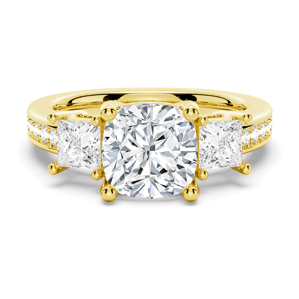 3 CT. Three Stone Cushion-Shaped Engagement Ring With Princess Cut Accents