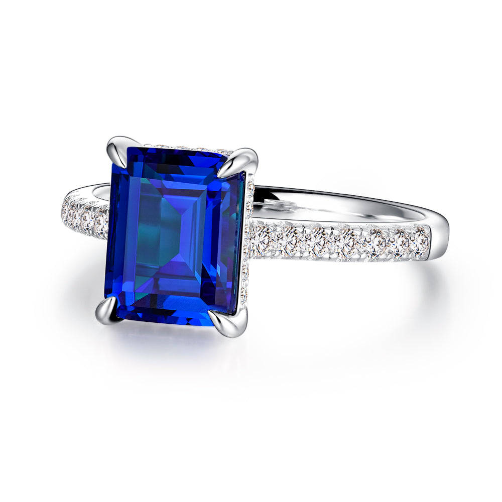 3 CT. Side Stone Lab Grown Sapphire Engagement Ring With Hidden Halo