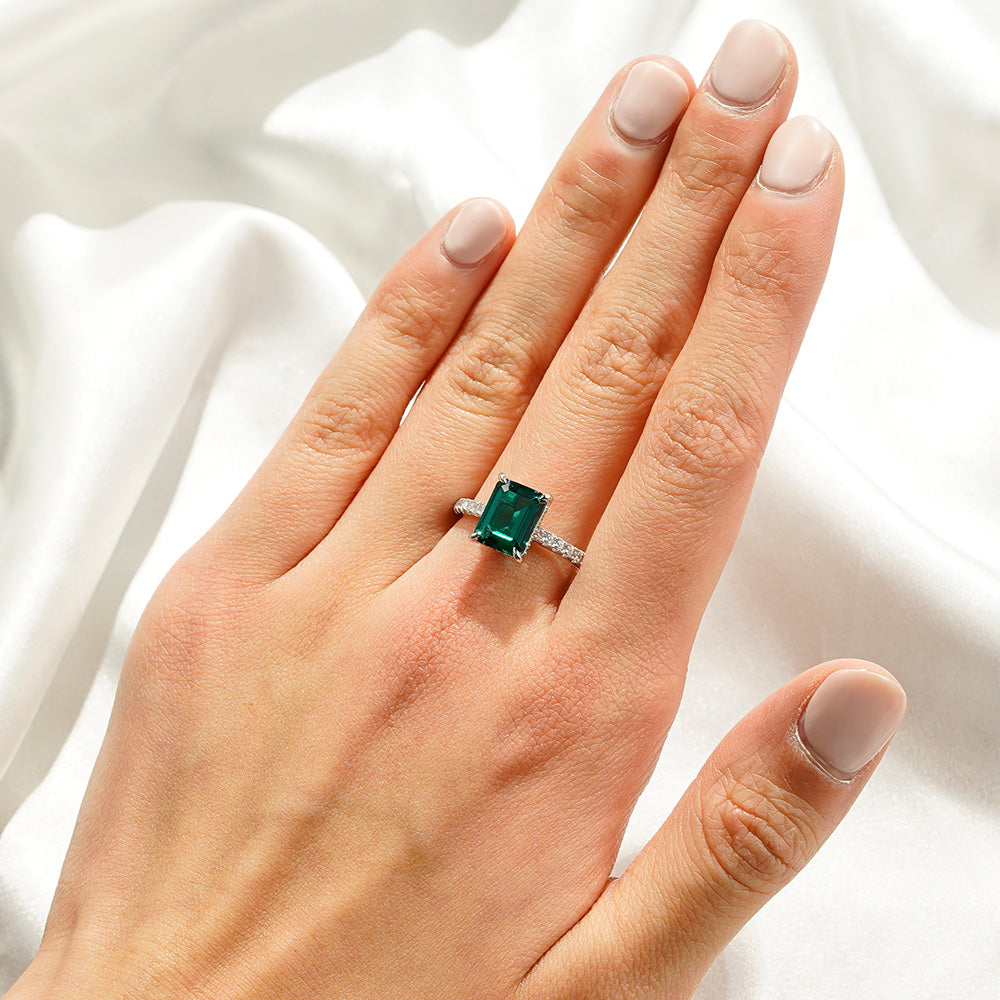 3 CT. Side Stone Lab Grown Emerald Engagement Ring With Hidden Halo