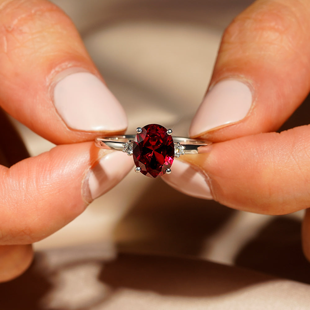 2 CT. Perfect Fit Three Stone Oval Lab Grown Ruby Ring