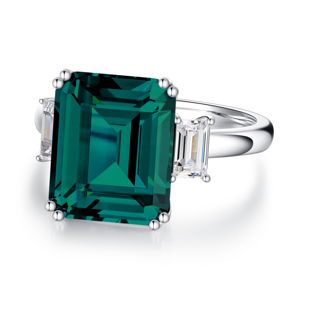 7.5 CT. Three Stone Emerald Cut Lab Grown Emerald Ring