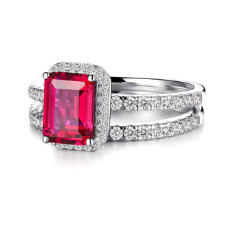 2 CT. Emerald Cut Lab Grown Ruby Ring Bridal Set In Sterling Silver - MSBLUE Jewelry