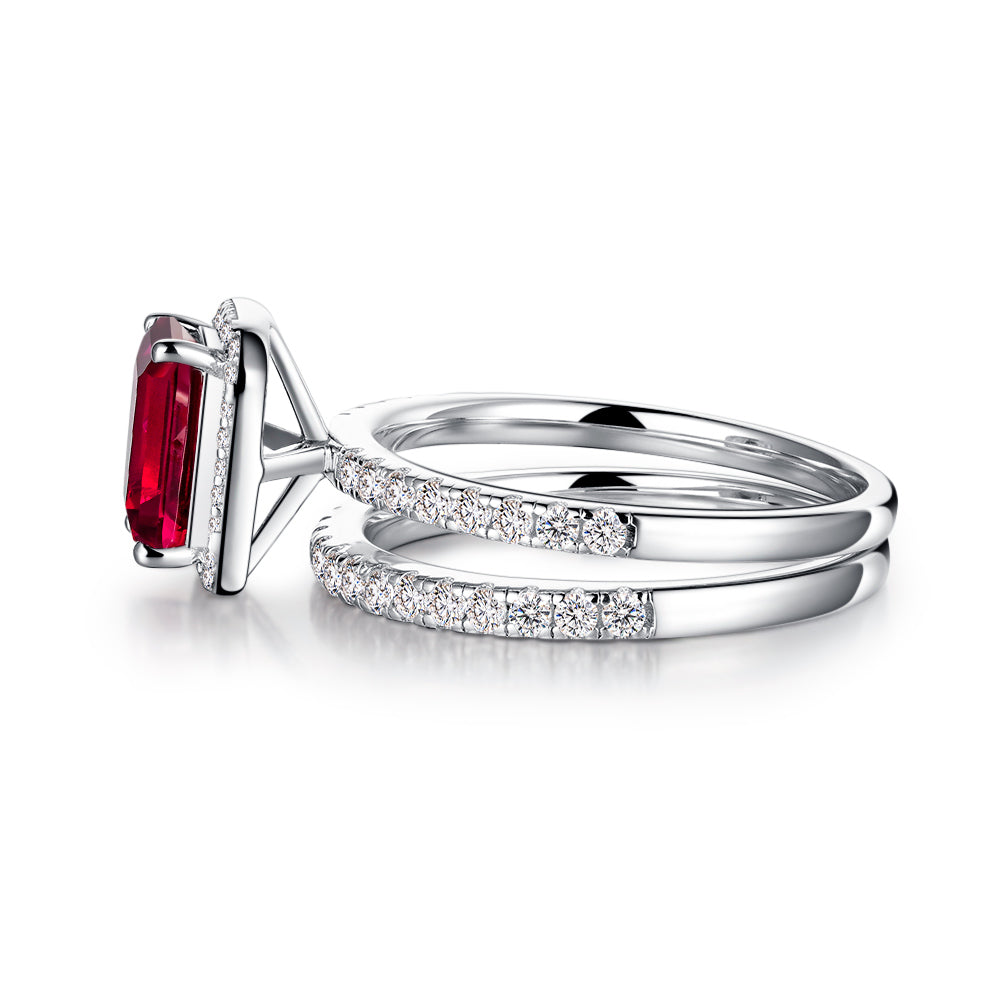 2 CT. Emerald Cut Lab Grown Ruby Ring Bridal Set In Sterling Silver