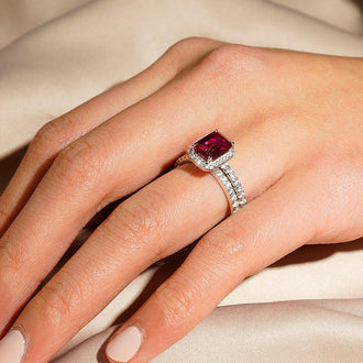 2 CT. Emerald Cut Lab Grown Ruby Ring Bridal Set In Sterling Silver - MSBLUE Jewelry