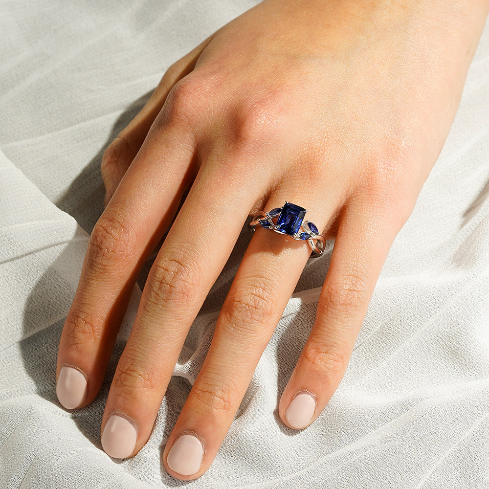 2 CT. Emerald Cut Lab Grown Sapphire Ring with Marquise Sapphire Accents