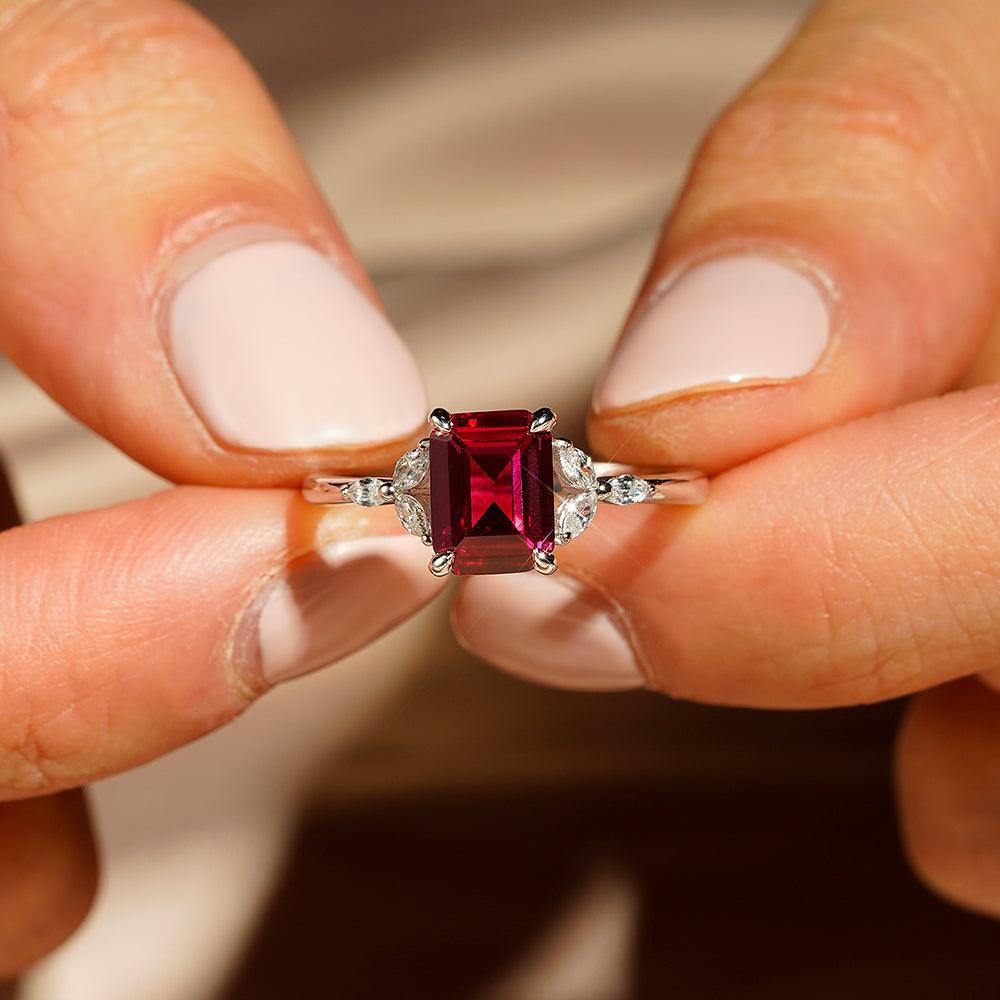 2 CT. Petite Emerald Cut Lab Grown Ruby Gemstone Ring - MSBLUE Jewelry