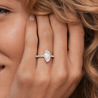 French Pavé Marquise Moissanite Engagement Ring Hidden Halo