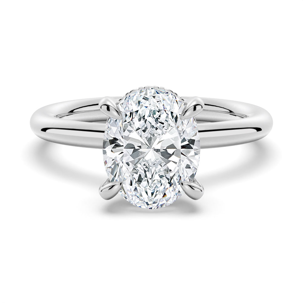 Oval Moissanite Solitaire Ring with Hidden Halo and Plain Band - enr702-ov  - MoissaniteCo.com