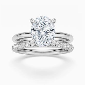 Oval Solitaire Hidden Halo Moissanite Ring Set with Matching Wedding Band