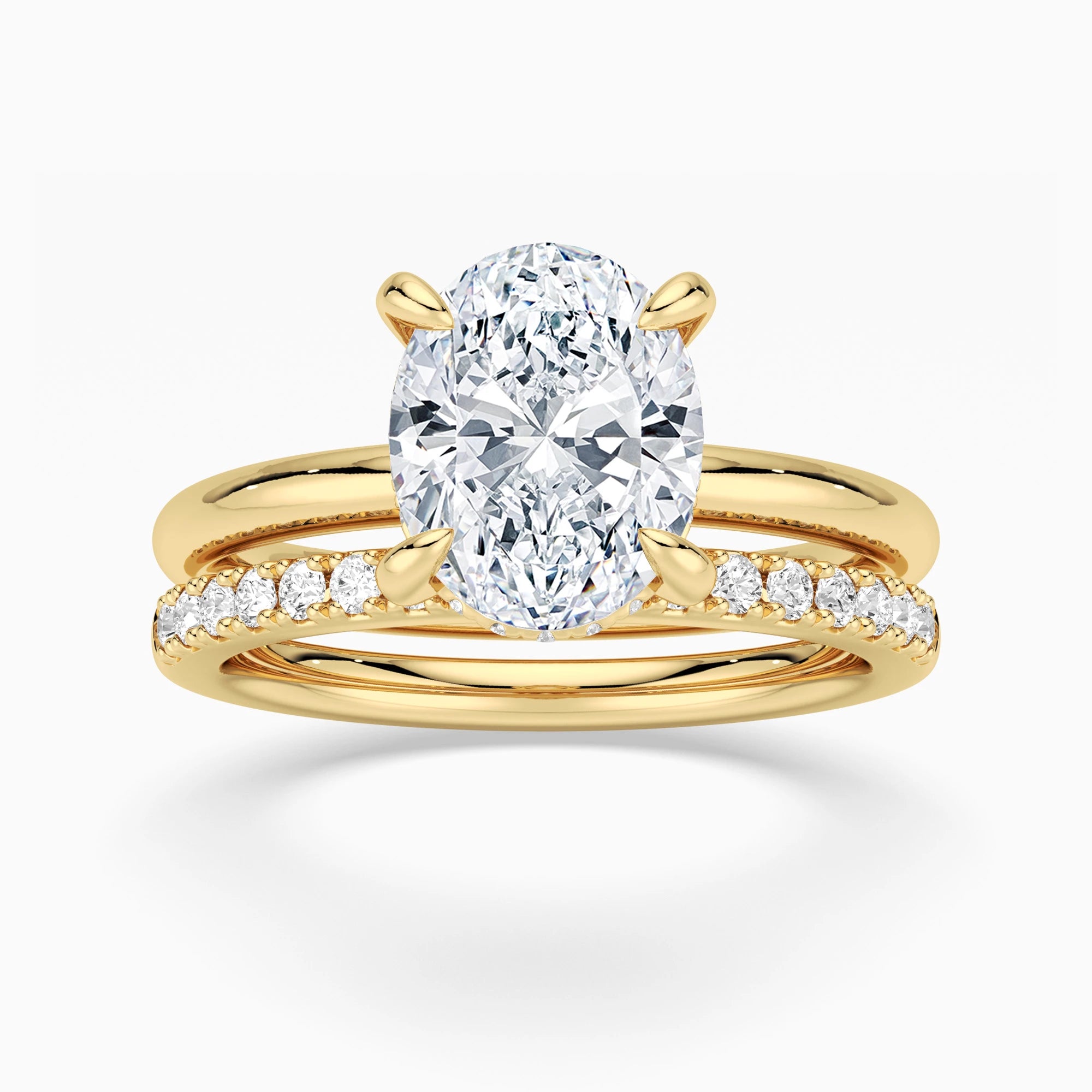 Oval Solitaire Hidden Halo Moissanite Ring Set with Matching Wedding Band