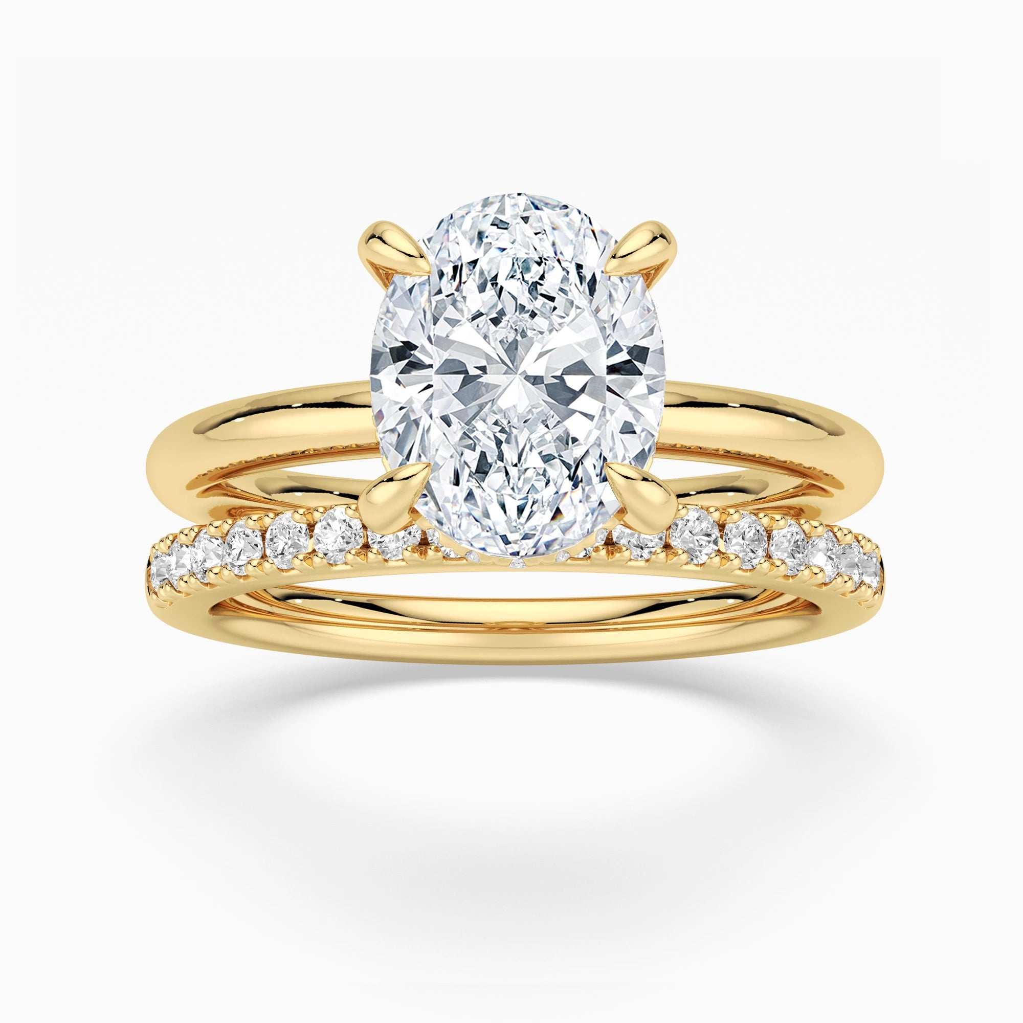 Oval Solitaire Hidden Halo Moissanite Ring Set with Matching Wedding Band
