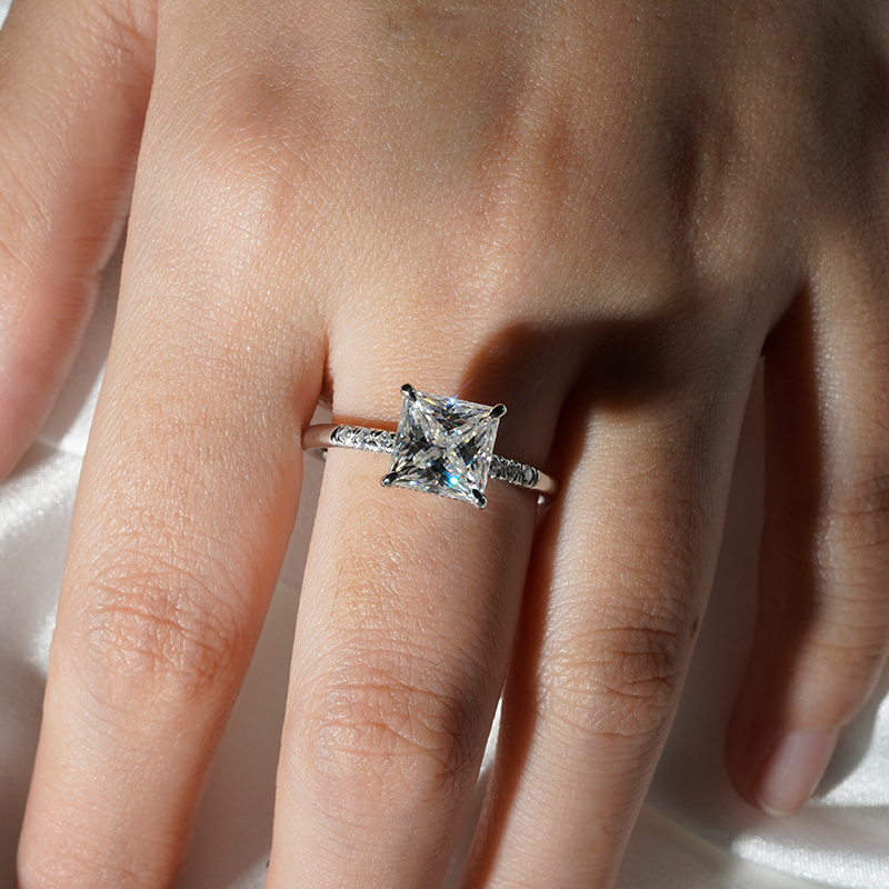 Princess Cut Moissanite With Hidden Halo Bridal Set in Sterling Silver