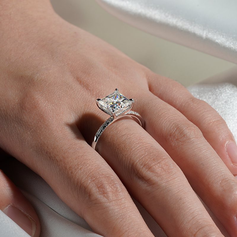 Princess Cut Moissanite With Hidden Halo Bridal Set in Sterling Silver